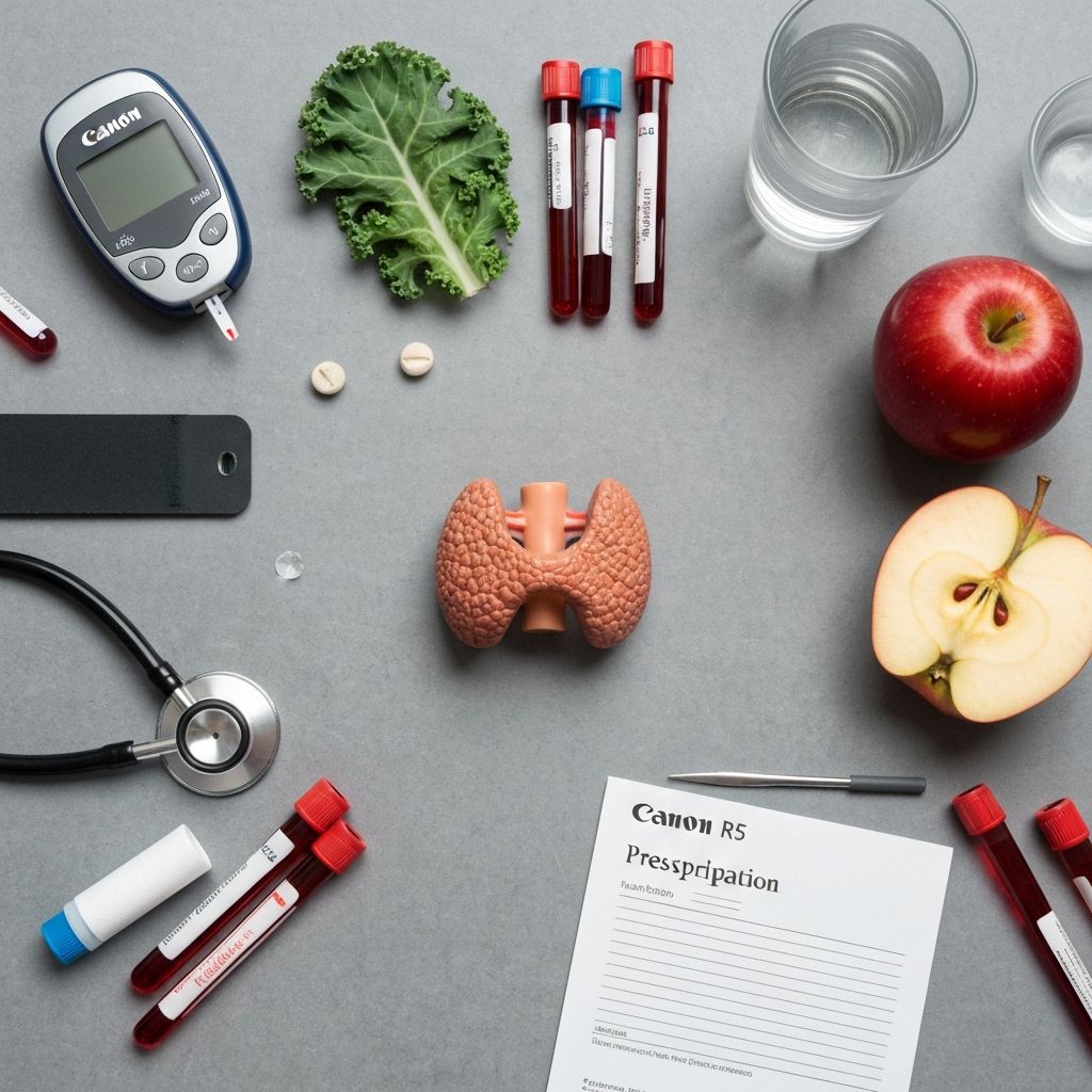 Elementos de endocrinologia: tireoide, glicosímetro, alimentação saudável