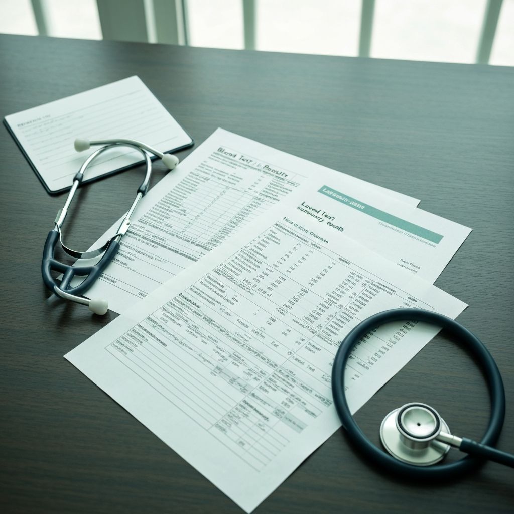 Resultados de exames de colesterol sobre a mesa do consultório